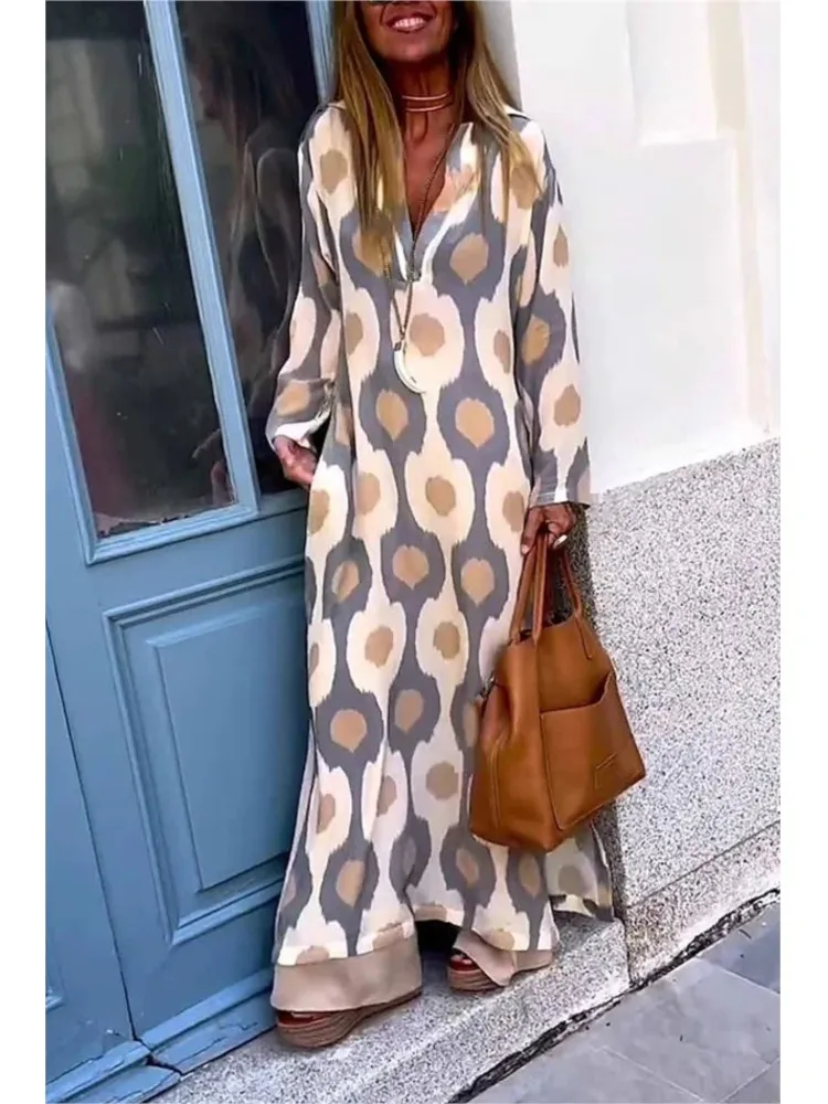 

Women Geometric Printing Split Maxi Dress 2024 Spring Autumn Causal V Neck Long Sleeve Dresses Female Holiday Beach Boho Dress