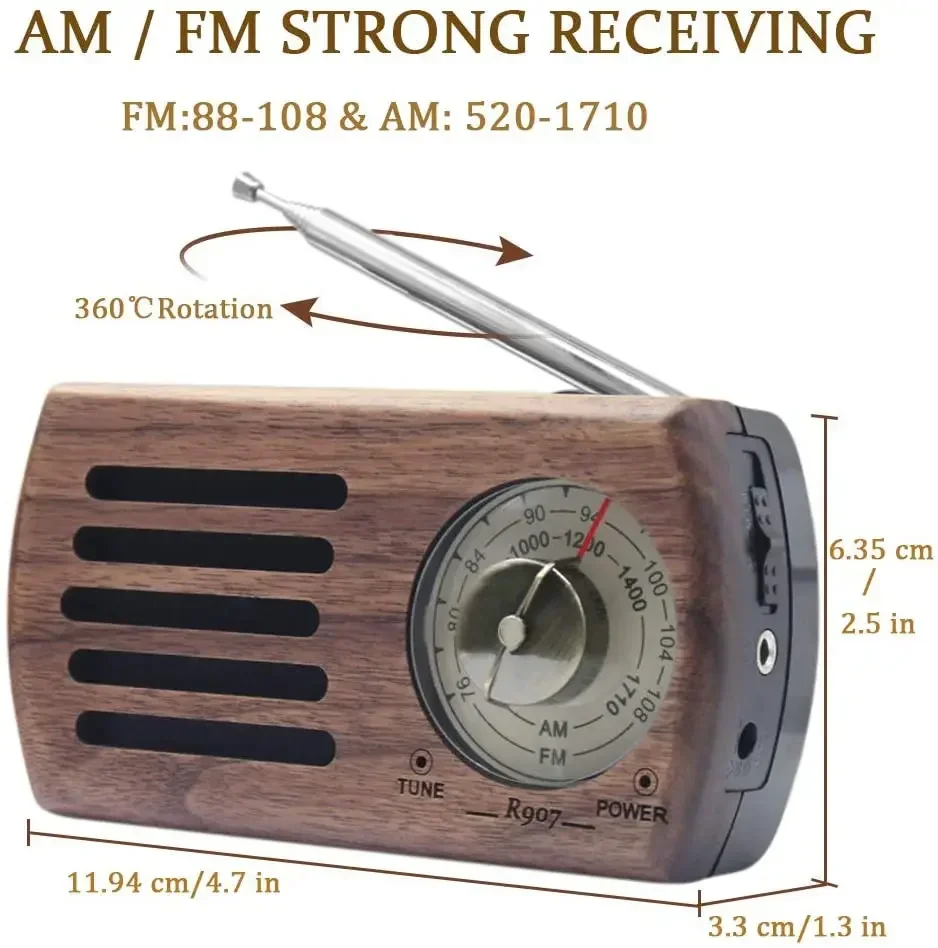 Staroświecki klasyczny Mini przenośny AM FM Radio z litego drewna w stylu Retro