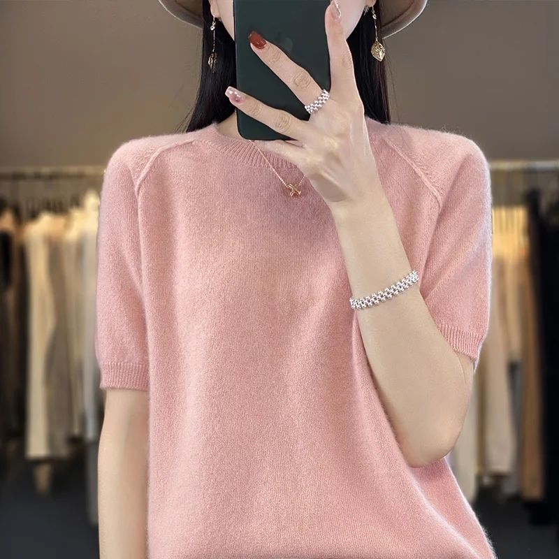 

100% pure wool T-shirt spring and summer new women's round neck pullover short sleeve slim fit five-point sleeve knit top