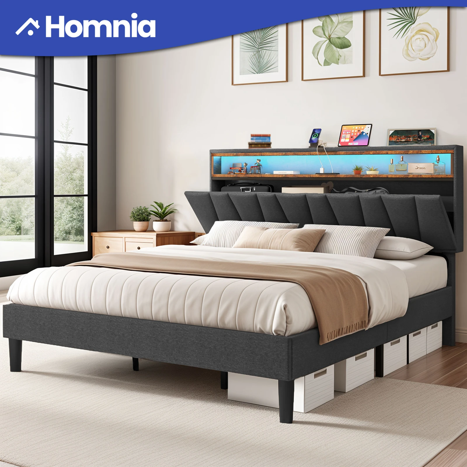

King Bed Frame LED Headboard Built In Charging Ports Hidden Under Bed Storage
