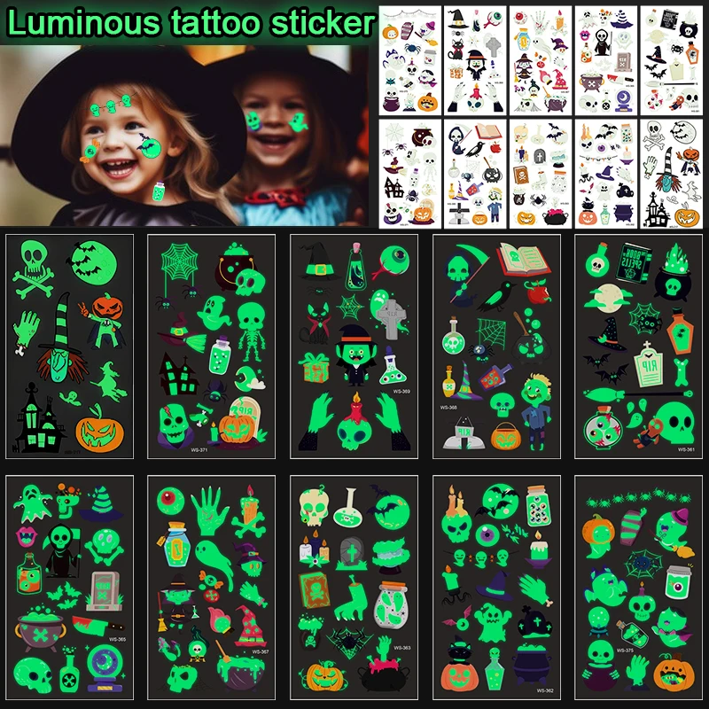 

10Sheets Luminous Halloween Tattoo Stickers Ghost Pumpkin Kids Adults Halloween Party Decoration Glow In The Dark Supplies Gifts