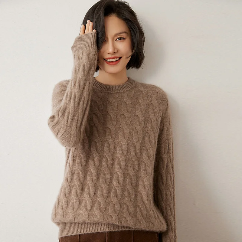 Damen-Komfortpullover aus 100 % Kaschmir, gestrickt, O-Ausschnitt, Kabelstich-Pullover, schlicht, sanft, exquisit, weich, warm, dick, langärmelig