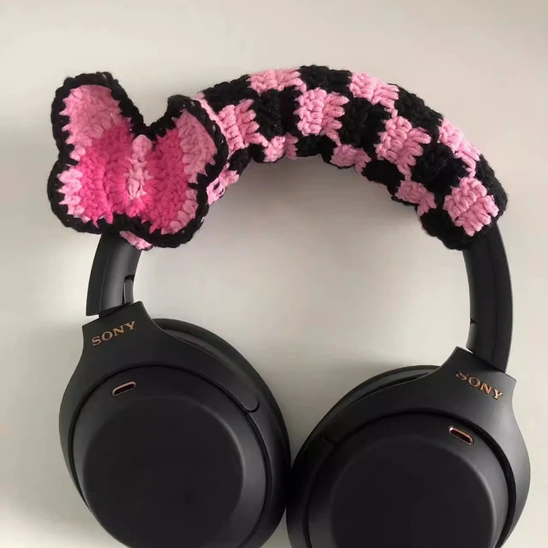 Hand Crocheted Headphone Crossbeam Protective Cover for Sony XM4/XM5 Custom Button-type Chess Grid Butterfly Headphone Cover view 5