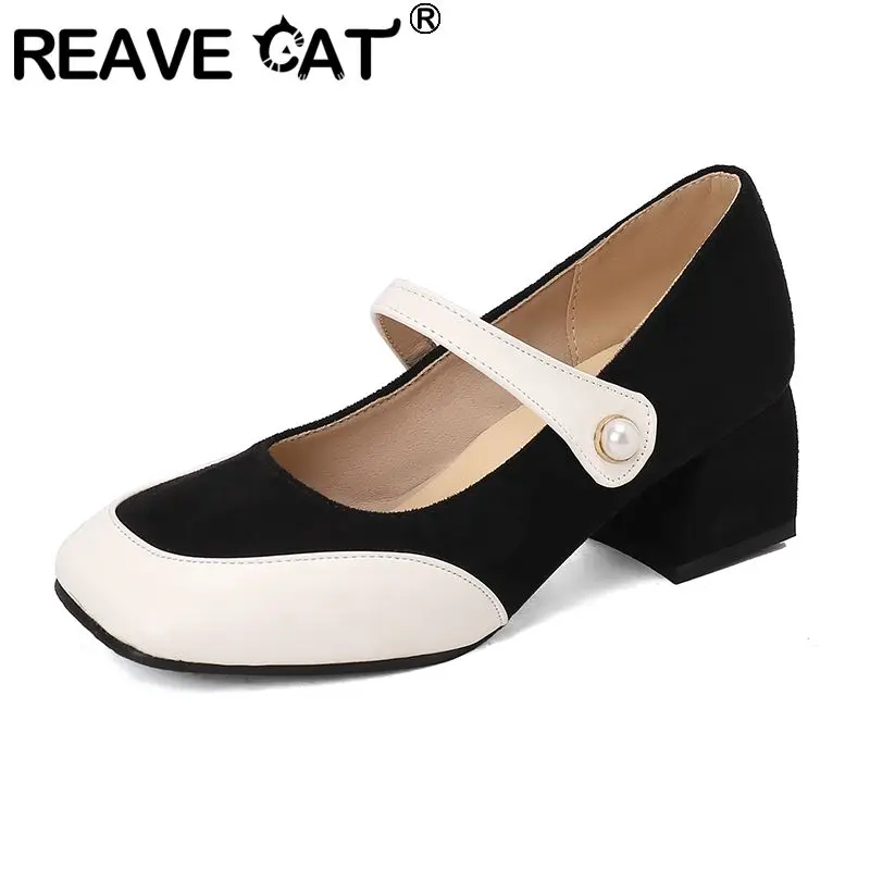 

REAVE CAT Fashion Mary Janes Female Pumps Flock Suede Round Toe Block Heels 5.5cm Buckle Strap Mixed Color Large Size 46 47 48