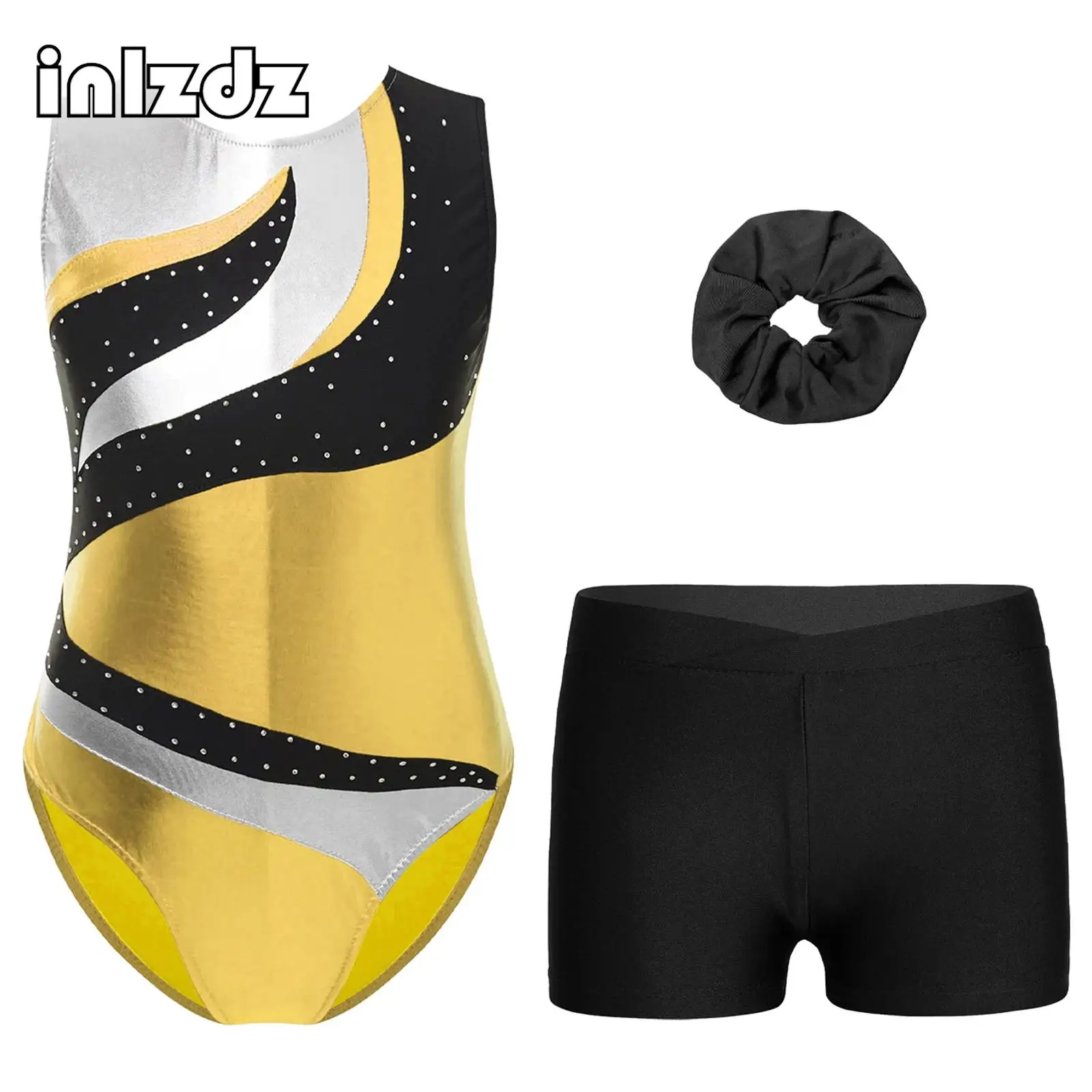 

Kids Girls Gymnastics Dance Leotard Outfit Sleeveless Round Neckline Shiny Rhinestone with Shorts Hairband Figure Skating Wear