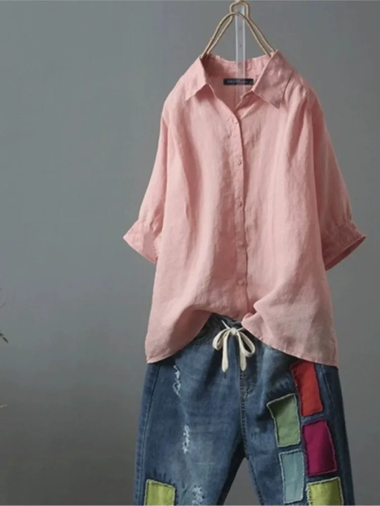 여성용 캐주얼 화이트 셔츠 탑, 패션 반팔 턴다운 칼라 버튼 셔츠 탑, 여성 여름 오피스룩 신상품