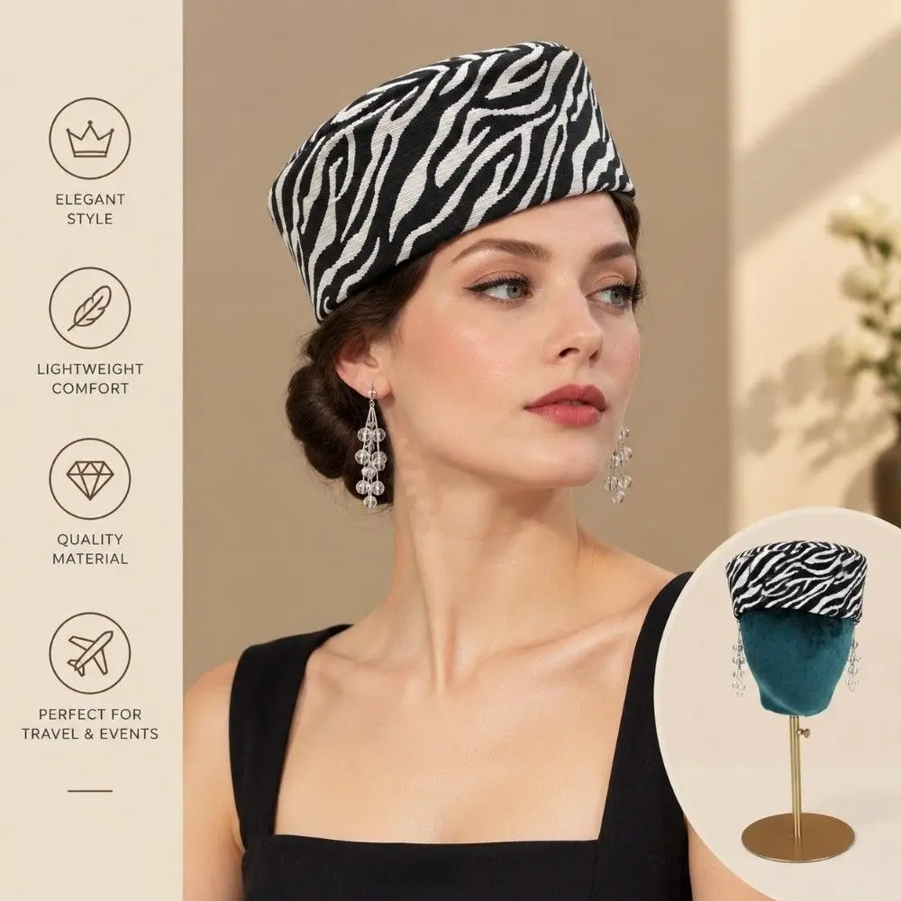Durable Lightweight Zebra Print Beret Hat Warm Soft Air Hostess Hat Structured Round Top Women Pillbox Hat Daily Commuting