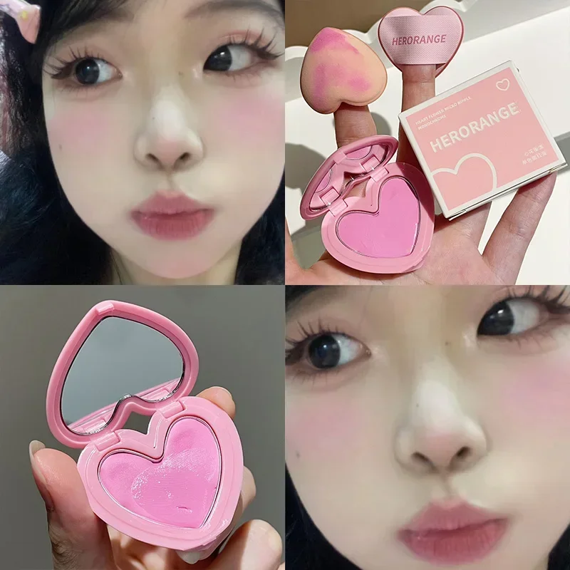 Purple Peach Cream Blush Makeup Palette Moisturizing Cheek Tint 3 Colors Orange Peach Pink Blusher Love Shape Blush With Puff