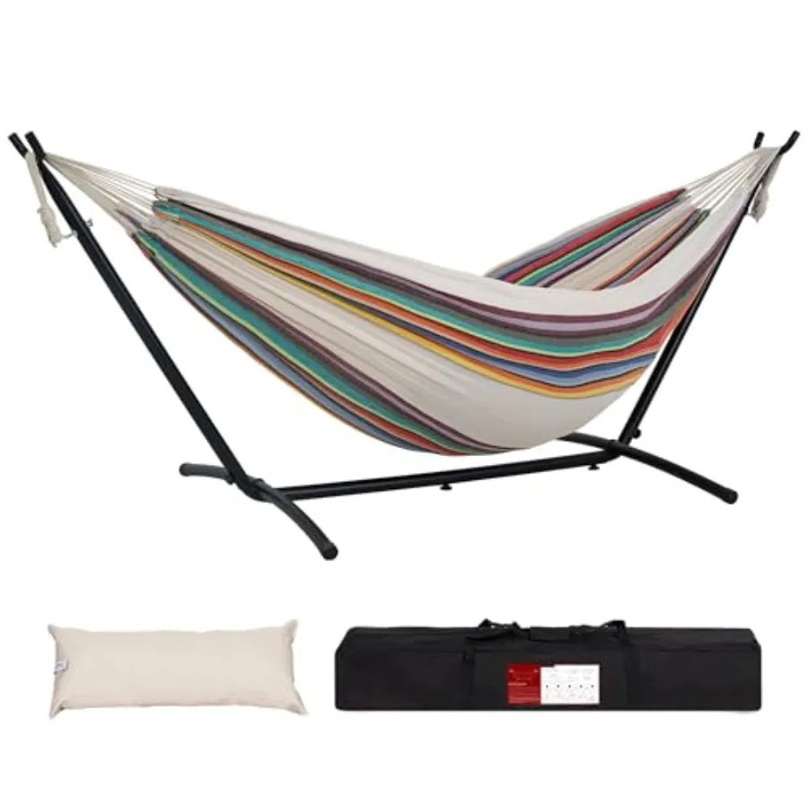 

Double Hammock with 9ft Space-Saving Steel Stand for Outdoor Use, Polyester Tan Stripe, 450 Pounds Capacity Portable Carrying C