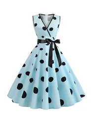 Women Summer Polka Dot Dress Sexy V Neck Sleeveless Party Sundress Elegant Casual Belt