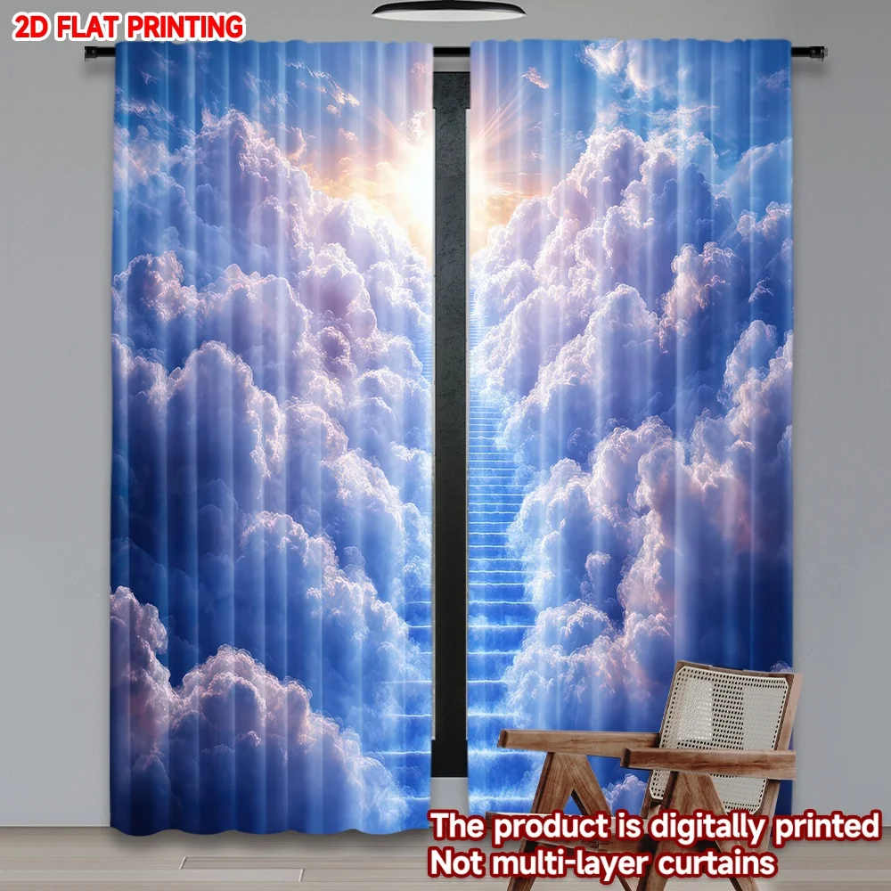 

2D flat printing 2pcs Drapes Heavenly Stairway Clouds Digital Printed Polyester Drapes Family Party Use for Holiday Home Decor &