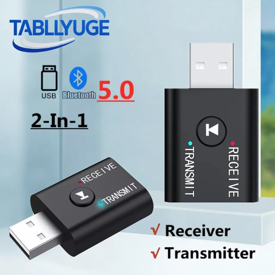 2 in 1 Bluetooth 5.0 Audio Adapter – Transmitter & Receiver ，3.5mm AUX/USB Stereo Dongle Adapter for TV/Car/Headphone/Speaker/PC