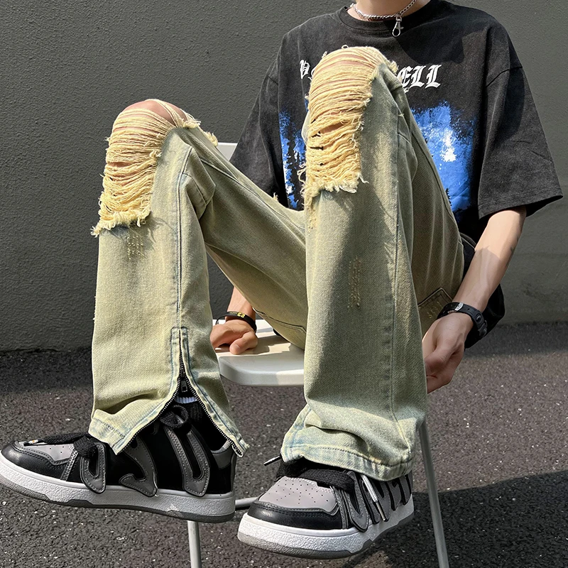 

Trendy Yellow Clay Dye Zipper Hole Jeans Men's Loose Straight American Vibe Summer Jeans Large Size Youth Faion
