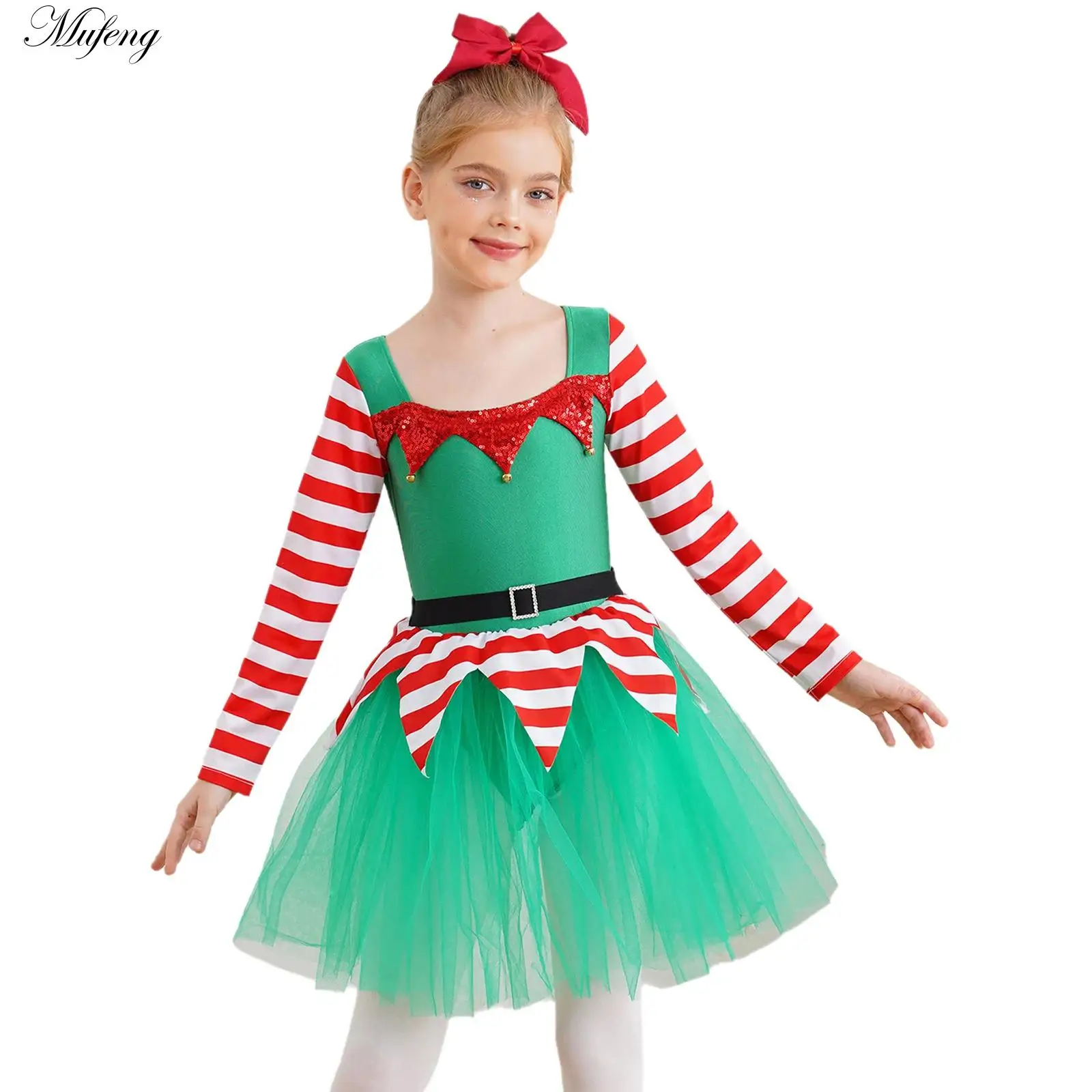 

Girls Christmas Ballet Dress Stripes Tutu Dress Santa Little Helper Costume Xmas Elf Bodysuit for Parties Performance Dance Wear