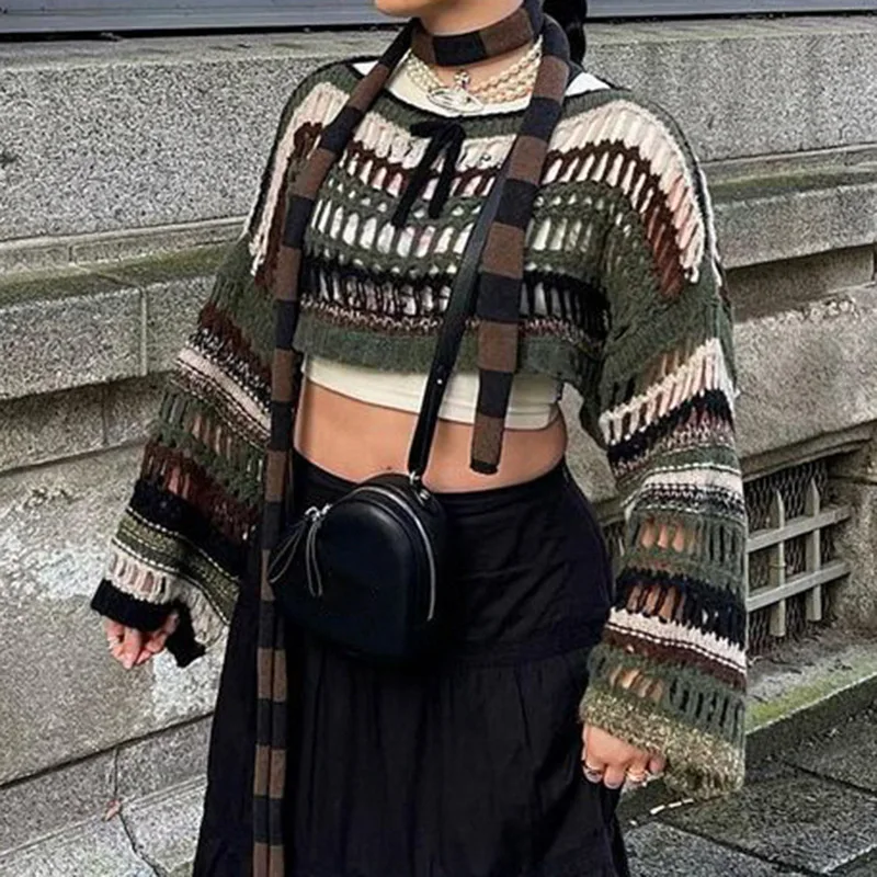 Y2k Striped Knit Sweater  Hollow Out Crochet Top Women Casual Pullover Beach Smock Streetwear 2023 Autumn Winter Female Clothing