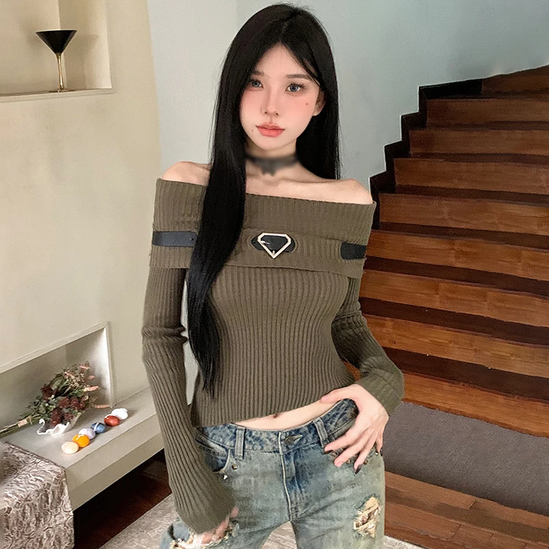 Women's Top Solid Color Spring Autumn Off Shoulder Belt Decoration Fashion Temperament Knitted Long Sleeves Top