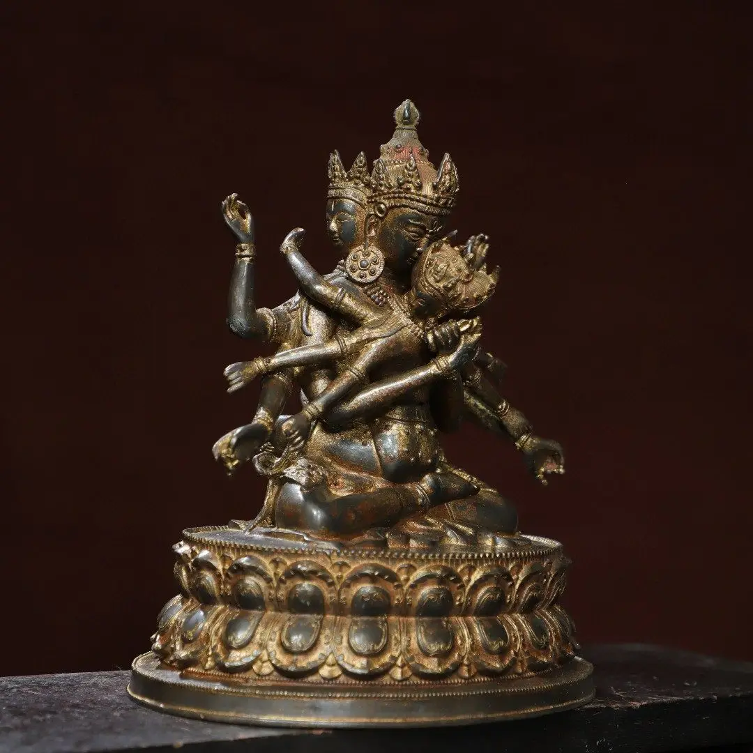 Tibetan Brass Gold Plated Happy Buddha Yellow Jambhala Double Body Statue Vintage Desktop Decoration