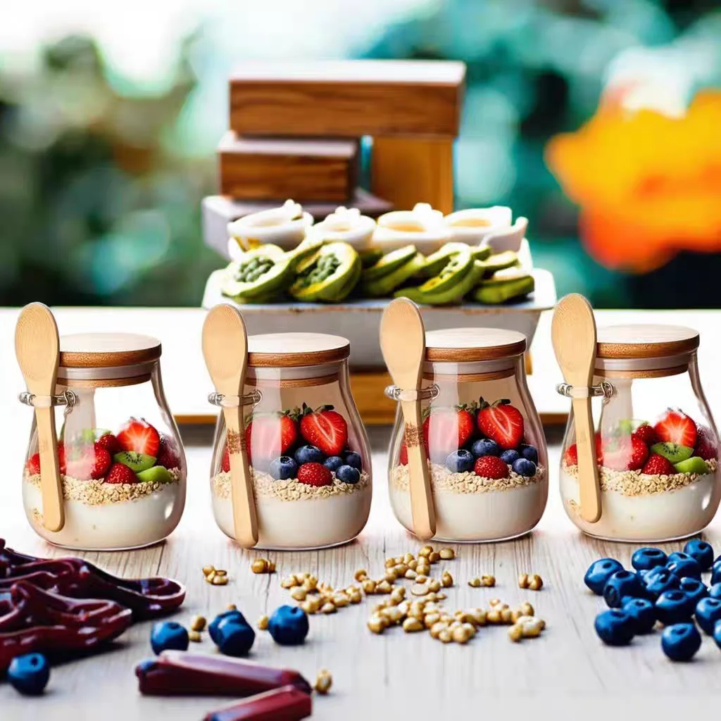 

Airtight glass jar storage container with Wooden lid Set of 4, wide mouth, leak-proof, With a spoon, can be used forgrains, etc