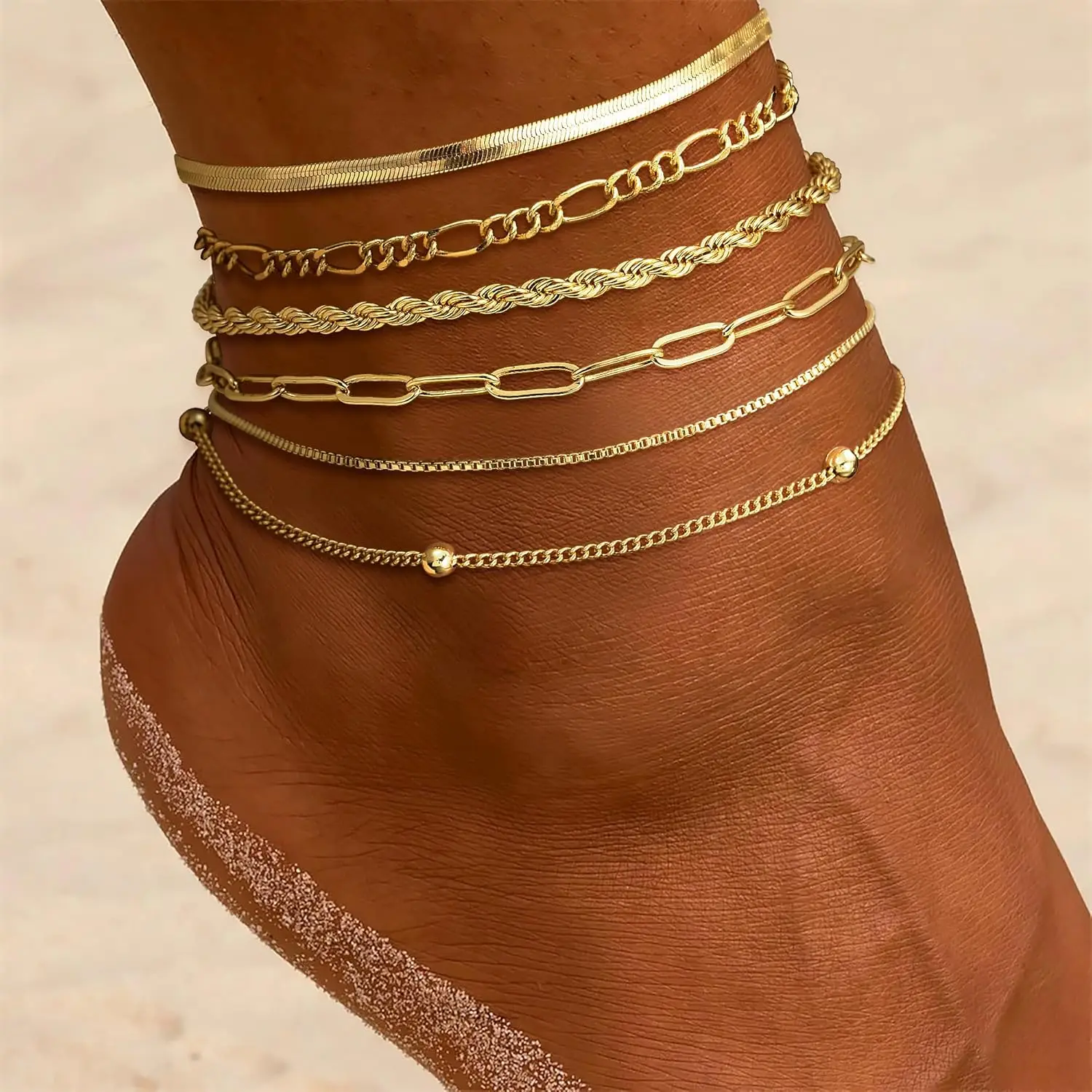 Waterproof Gold Ankle Bracelets for Women - Dainty 6Pcs Plated Anklets Layered Cuban Link Chain Herringbone Anklets Set Pack