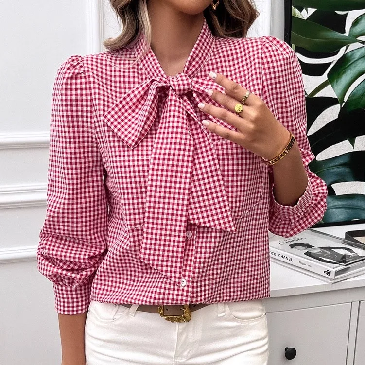 

Casual Contrast Color Long Sve Cardigan Plaid irt Small ids Women's Busin Thin Material Straight Cut Commute Sle