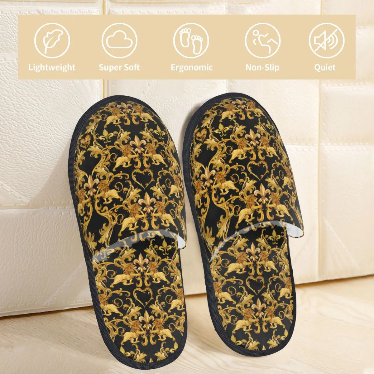 Winter House Cotton Shoes Slippers Golden Arabesque Lion Household Fur Slides Bedroom Luxury Damask Baroque Slippers   Anti-skid