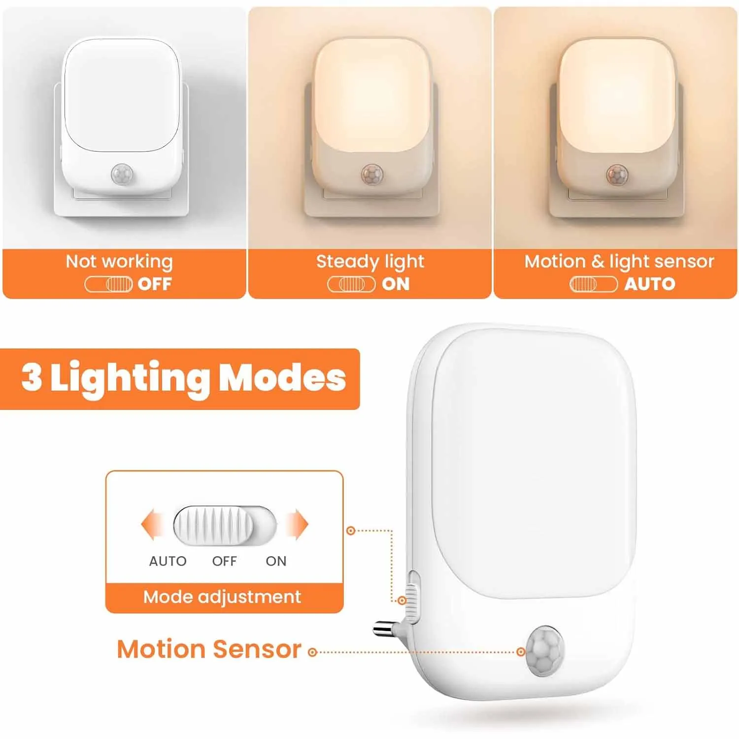 Veilleuse avec détecteur de mouvement, lot de 2 prises de veilleuse LED avec 3 modes (ON/AUTO/OFF) et 5 luminosité variable pour chambre à coucher