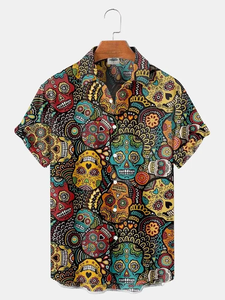 New Hawaiian Shirt For Men Skull 3d Printed Beach Shirt Short Sleeve Button Casual Men\'s Skull Shirts Oversized Camisa S-5XL