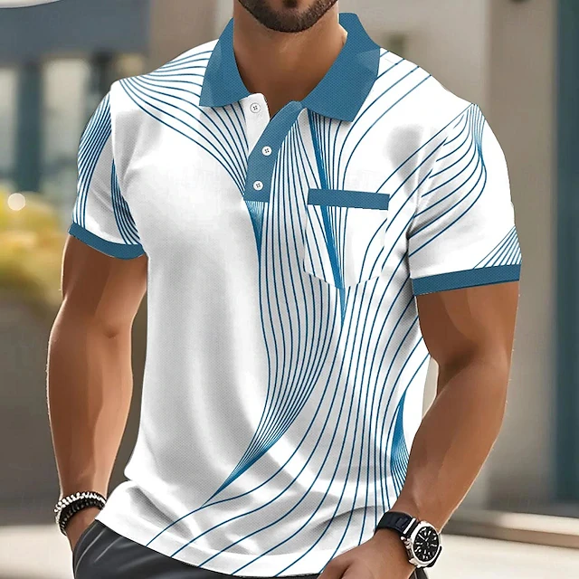 

Summer Fashion Short Sleeve Men's Polo Shirts Stripe 3d Print Lapel Man Top High Quality Oversized Male Shirt Casual Clothing