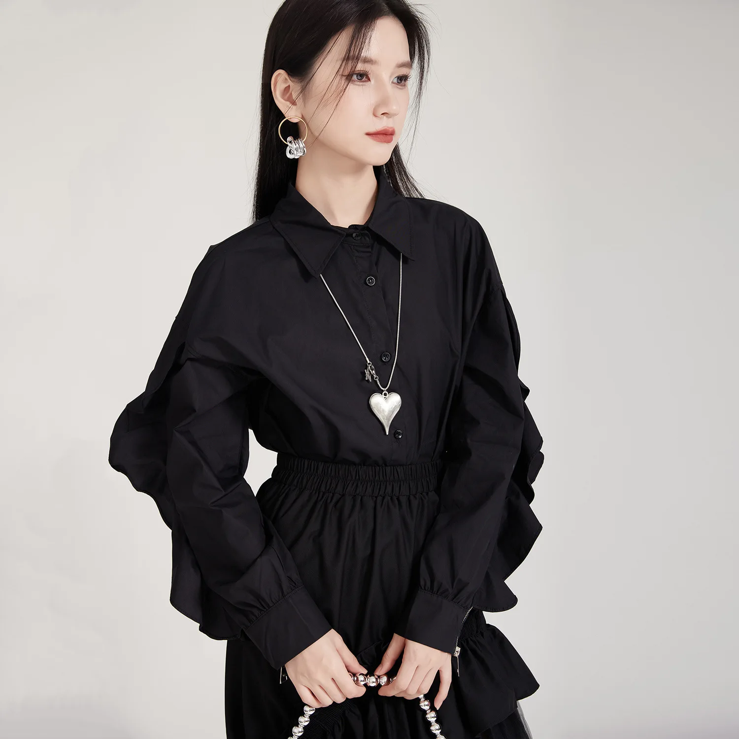 Chemise en coton rouge Angora, chemisiers à manches longues en feuille de Lotus de haute qualité pour femmes, chemise ample d'épissure de Niche pour femmes