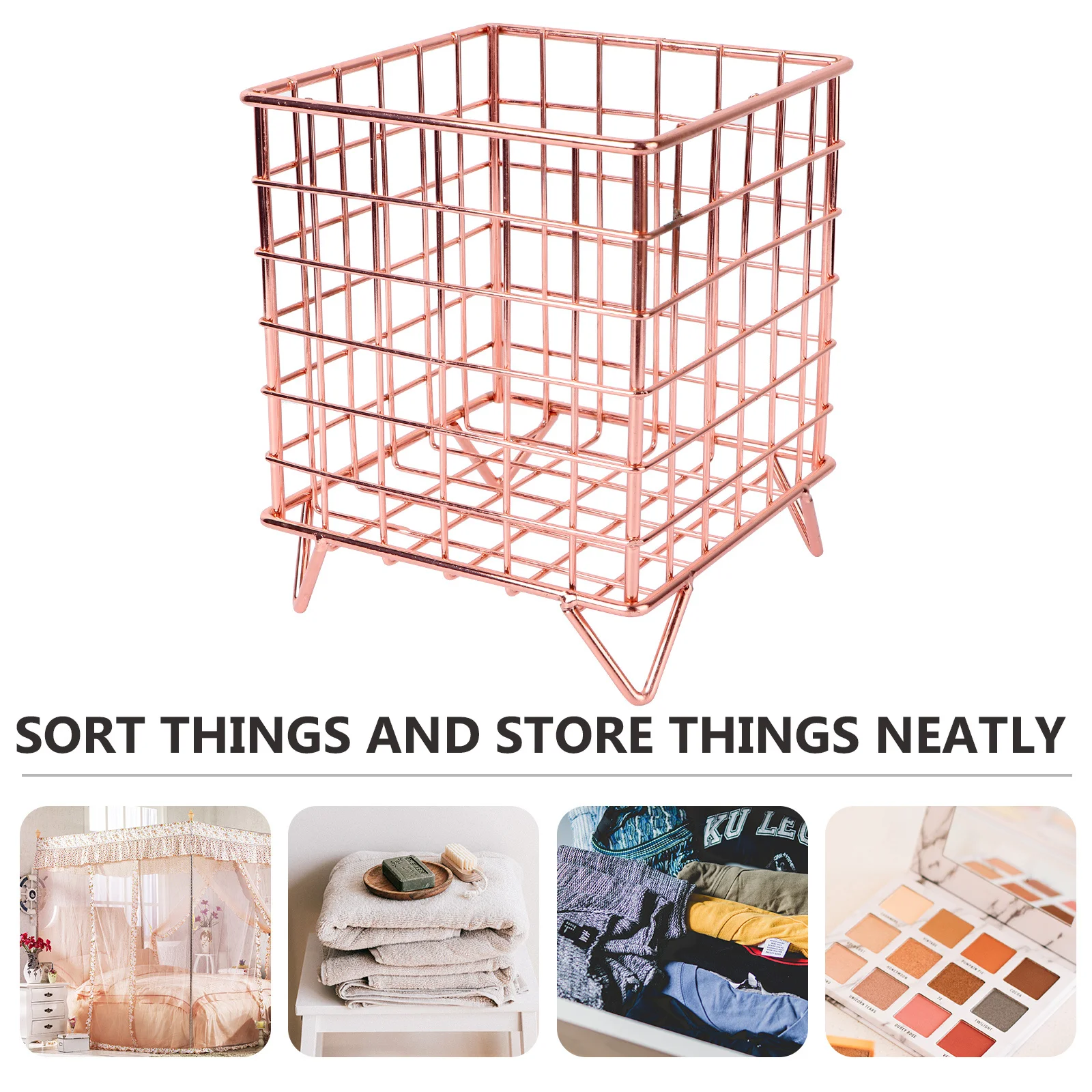 

1pc Metal Storage Basket Golden Desktop Organizer Large Capacity Iron Grid Box For Home Office Supplies Multi-Purpose