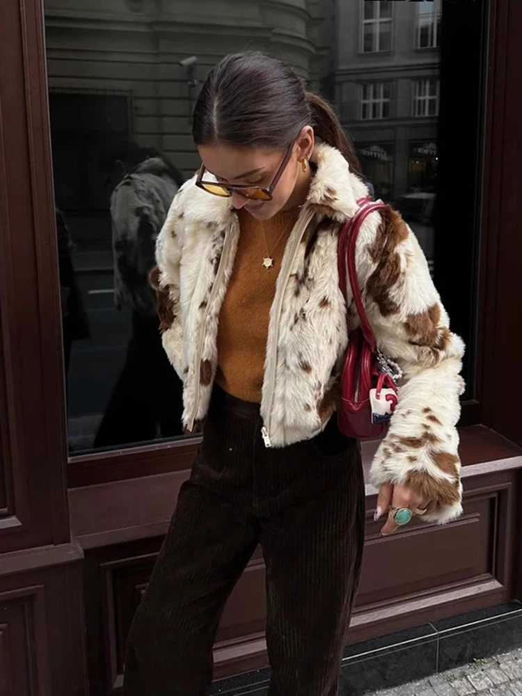 Manteau en fausse fourrure imprimé pour femmes Manteau à revers élégant Manteau à manches longues Manteau épais pour l'hiver Manteau chaud pour la rue haute