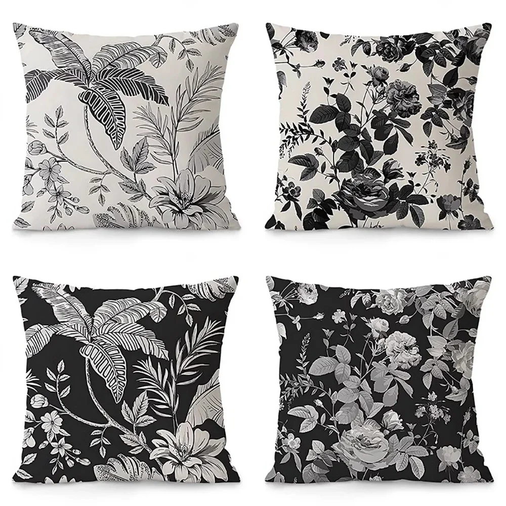4pcs Black and White Floral Pillowcase PatternSuitable for sofa car bedroom decorative cushion cover pillow cover