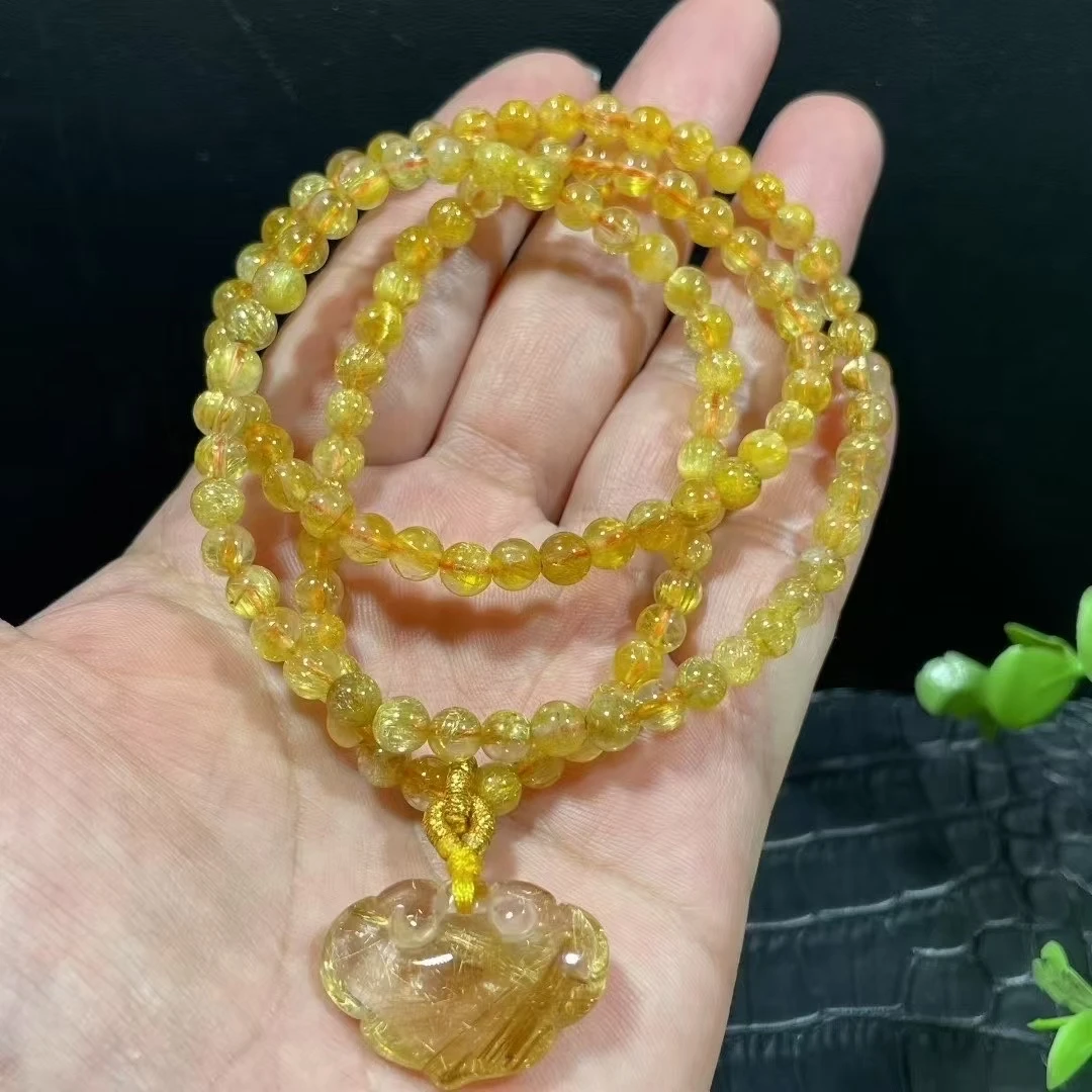 

Natural Gold Rutilated Quartz Titanium Bracelet 5.4mm Safe Lock Clear Round Wealthy Woman Men Beads Jewelry Brazil AAAAAAA