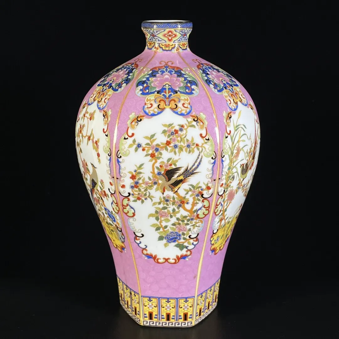Vintage Enamel Color Porcelain Hexagonal Plum Vase Flower Bird Pattern Chinese Antique Collectible Ceramic Table Decor Ornament