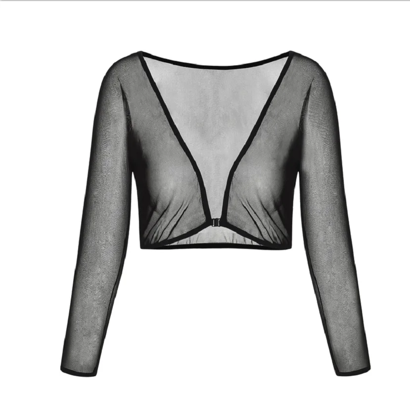 Women Casual All-match Shawl Mesh Colour Crop Top Long Sleeve See Through T-Shirt Sheer Sexy Stretchy Blouse Chic Elegant Shrug