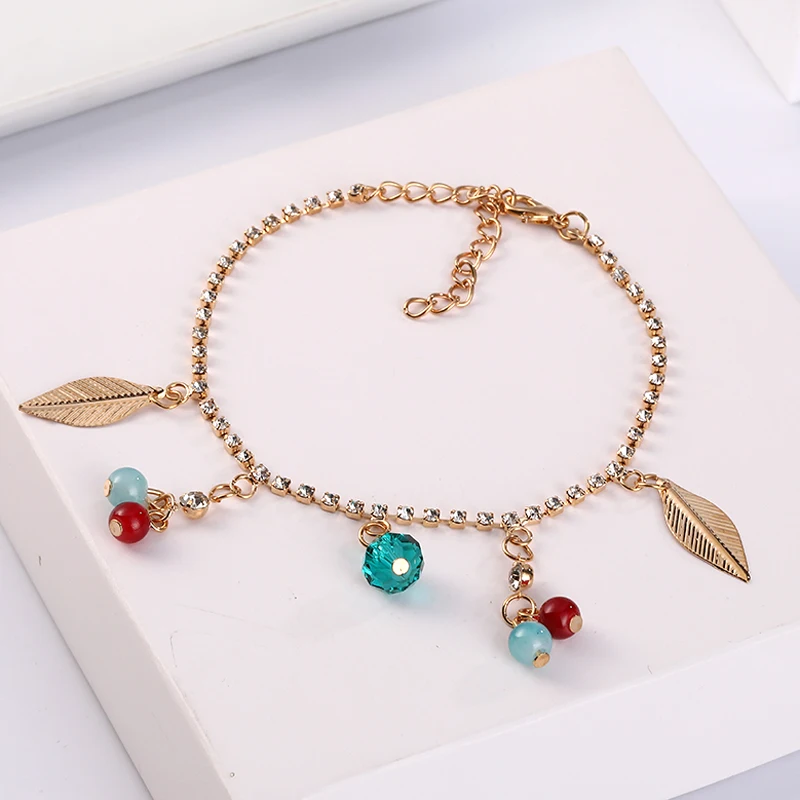 

Golden Crystal Beads Summer Anklet Fashion Leaf Charm Ankle Bracelets Summer Boho Foot Jewelry for Women ﻿