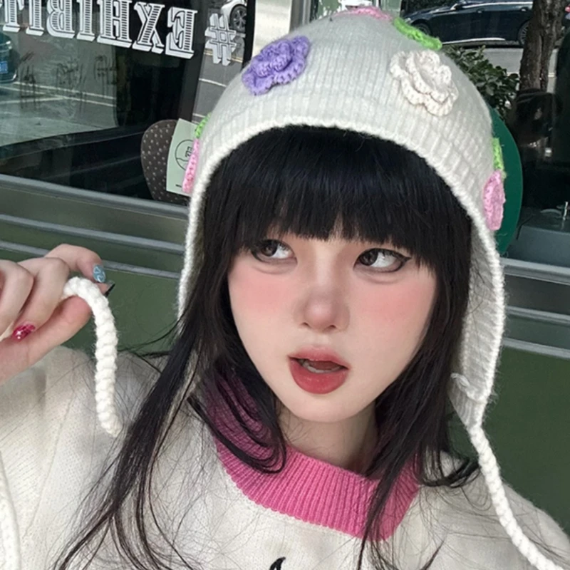 Korean Version Sweet and Cute Lace-up Bomber Hats Autumn and Winter Ins Fashion Flower Design Knitted Pullover Women's Caps