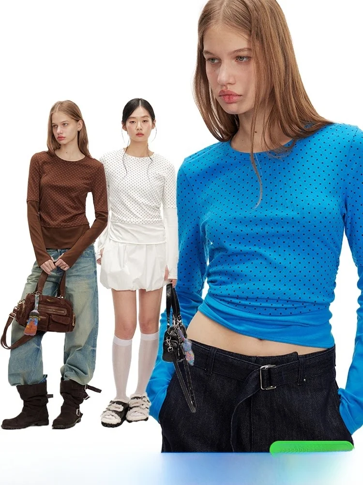 

DNT Retro Polka Dot T-irt round Ne Casual Base Layer Top Spring New Sle Women's Comfortable Cotton Blend Long Sve