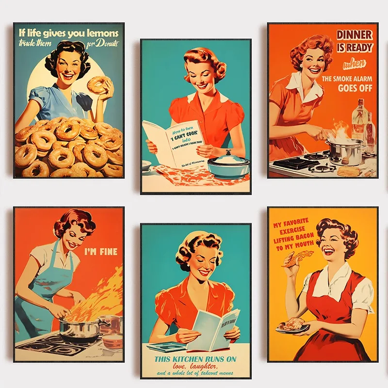Retro Kitchen Cartoon Poster Vintage Food Humorous Wall Art Canvas Picture for Modern Kitchens Dining Room Decoration Home Gift
