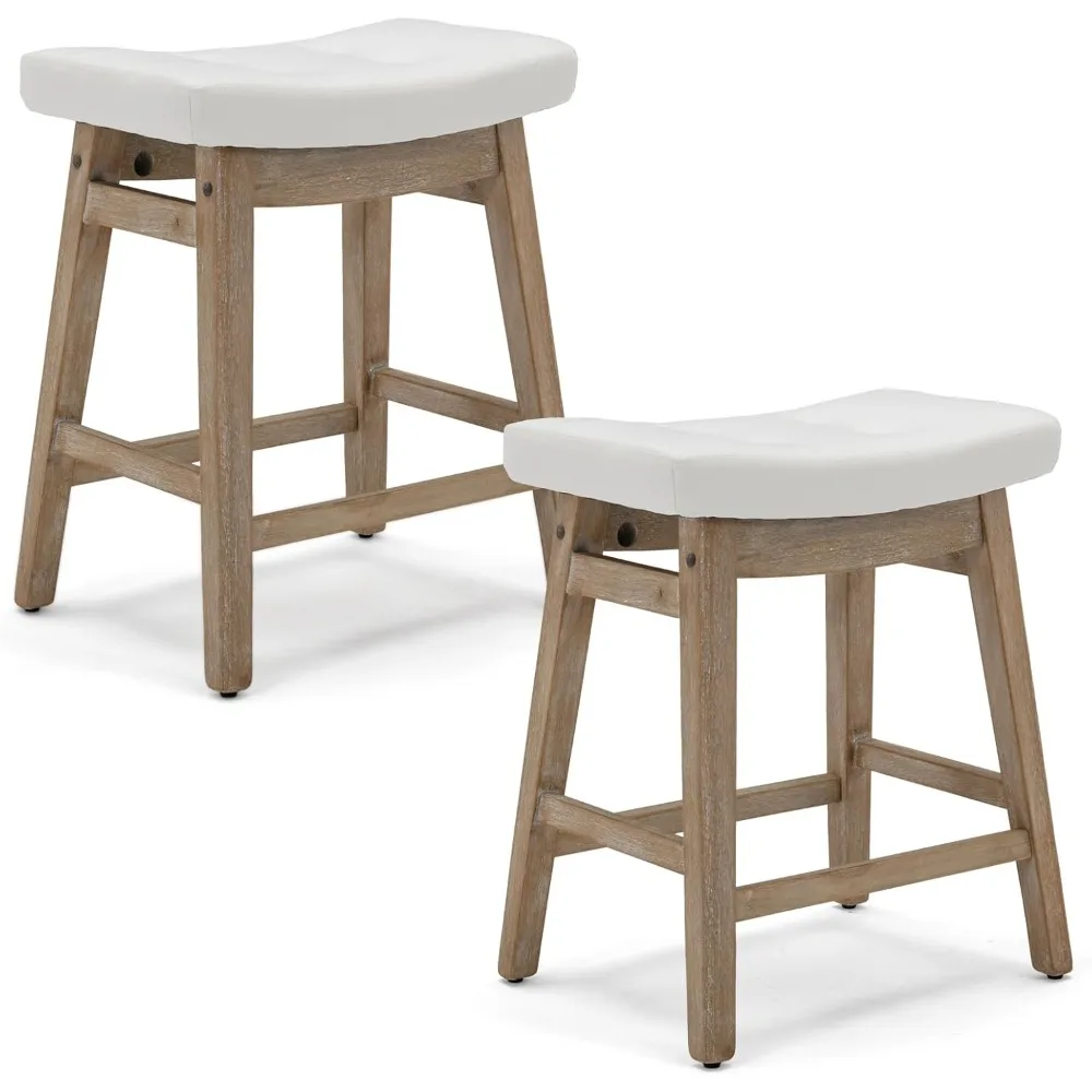 

Bar Stools Counter Height Set of 2 Solid Wood Legs PU Leather Saddle Soft Cushion 24 Inch Seat for 34"-40" Counter Island Uphol