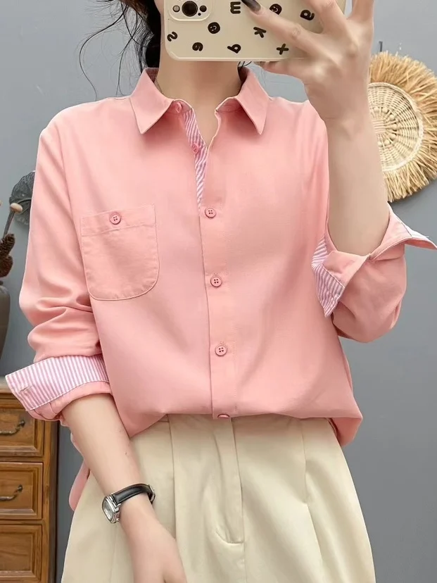 

High Quality Women 100% Cotton Blouse Shirt Striped Long Sleeve Shirt Women's Autumn Cotton Oxford Fabric Long Sleeve Shirt Top