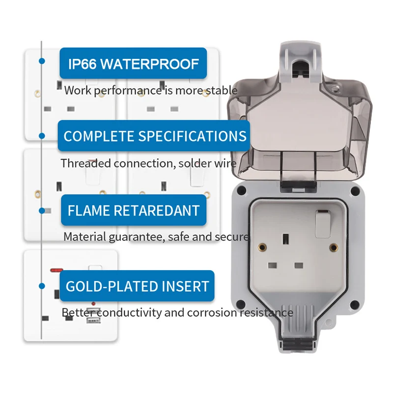 IP66 UK standardowy ulepszony bezpieczniejszy duży wtyk wodoodporny zewnętrzny zasilanie ścienne gniazdo przełącznika do domu ogród Outlet