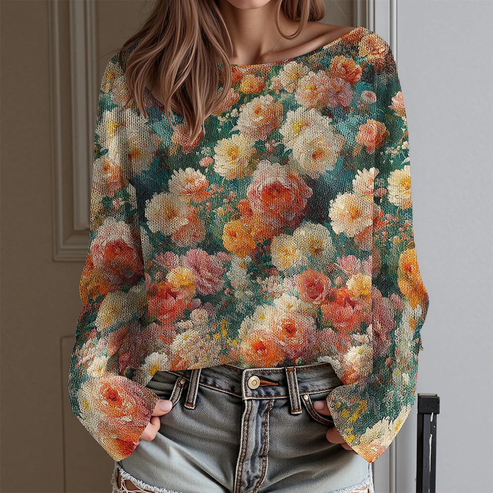 Vintage bloemen T-shirt damesblouse met lange mouwen en kleurrijk bloeipatroon Dagelijkse mode-tops voor herfst-winterlaag