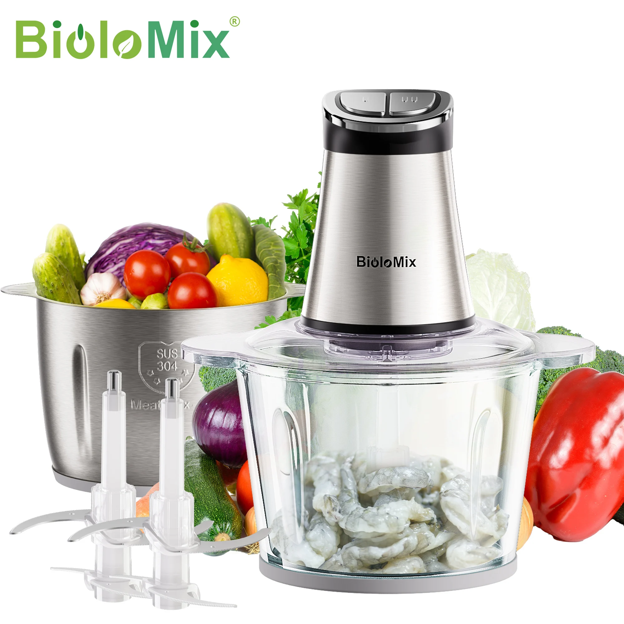 BioloMix 300W Elektrische Voedselhakselaar, Mini Formaat met 2 Schalen & 4 Messen – Perfect voor Babyvoeding, Gehakt, Uien & Kruiden