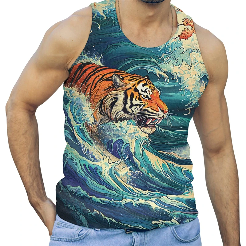 Trend Tiger Graphic Tank Tops For Men Fashion Summer Sleeveless 3D Animals Printed Kids Vest Cool Streetwear Oversized Tees Tops