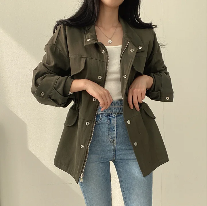 2026 Chic Multi Pockets Jacket Women Vintage Casual Drawstring Zipper Jackets Coat Female Winter Autumn Versatile Street Outwear