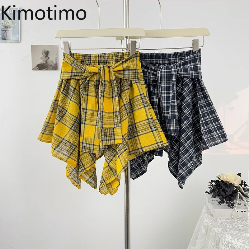 

Kimotimo, французская нерегулярная повязка, контрастная клетчатая юбка, женская летняя повседневная мини-юбка трапециевидной формы с высокой талией и рюшами, одежда Y2k