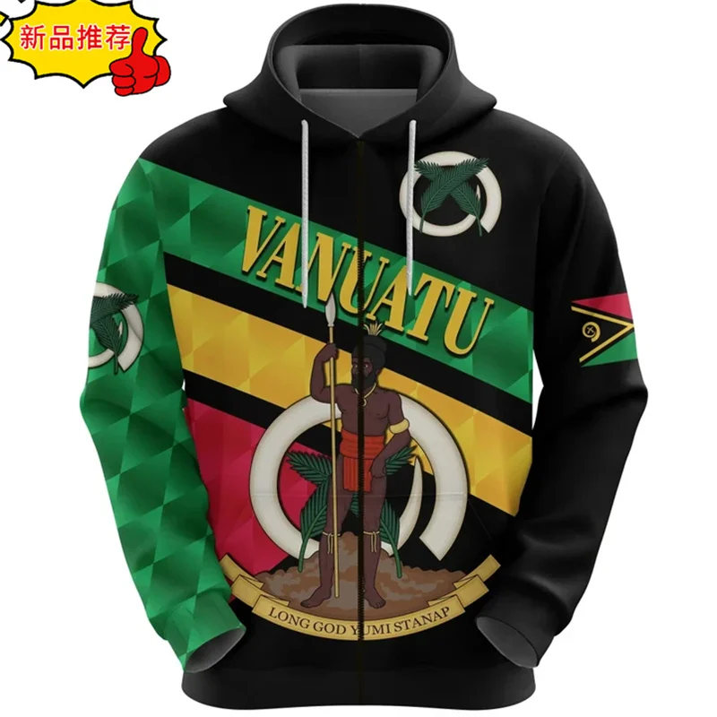 3D Vanuatu Flag Map Printing Zip Up Hoodies The RepublicOf Vanuatu Coat Of Arms Graphic Zipper Hoodies Mens Clothing Pullover