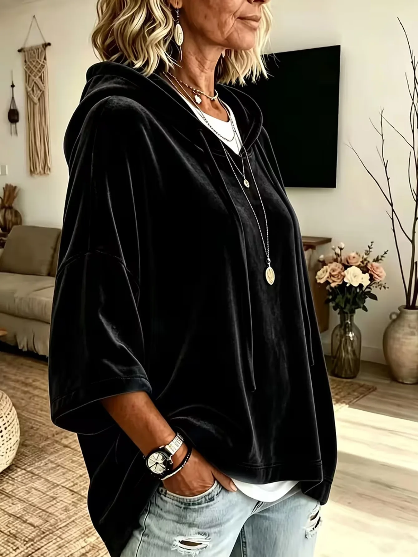 Neuer Herbst-Winter Damen Einfarbiger Samt-Hoodie mit 3/4-Ärmeln Lässige Oberteile – Detail 6