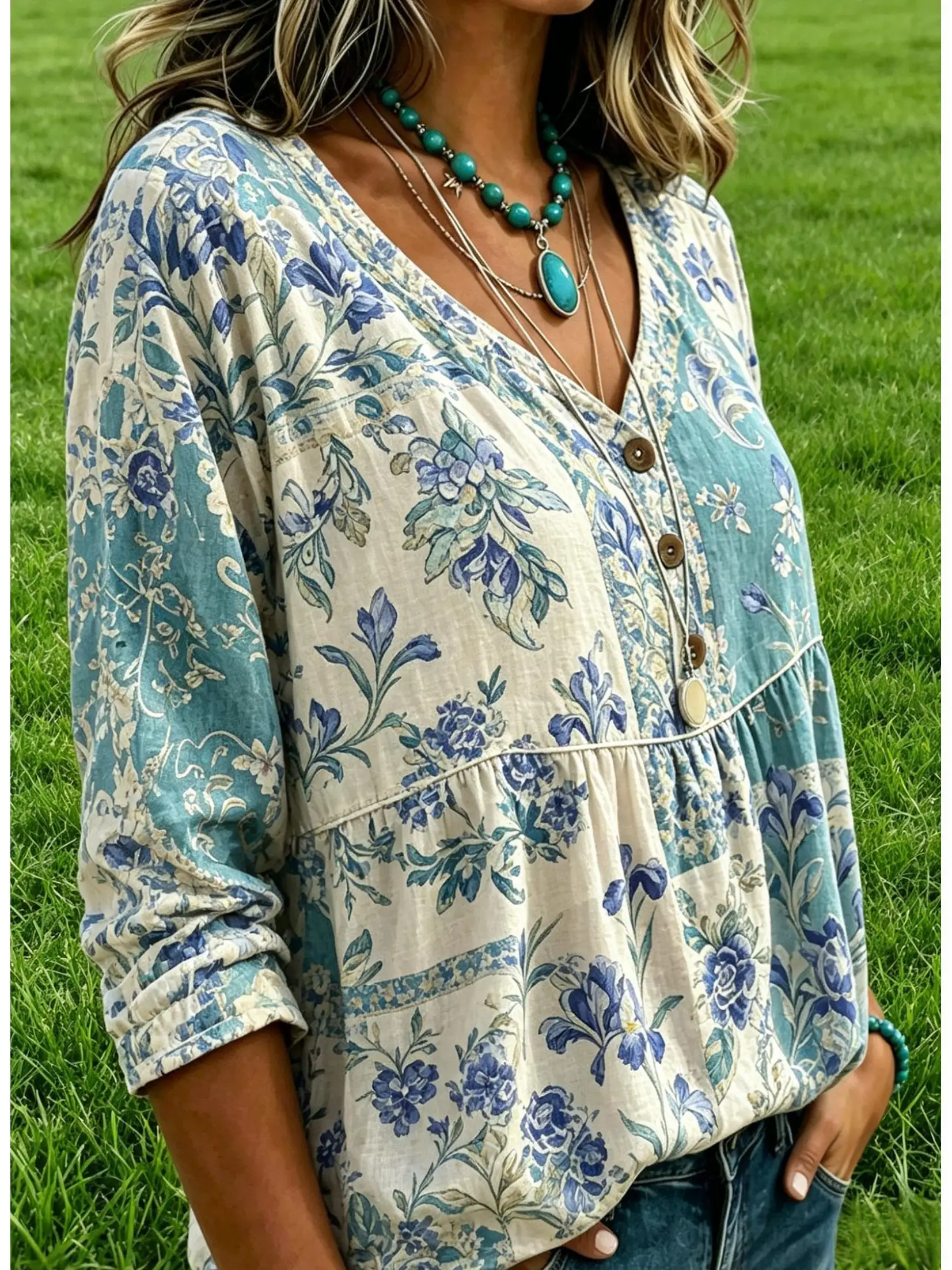 Iris Floral Patchwork Shirt Women Color Block V Neck Wooden Fastener 3/4 Sleeve Airy Fabric Vintage Library Wear - view 4